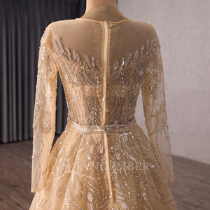 Robe de soirée sirène classique champagne à manches longues et sequins, avec surjupe détachable et broderie de perles de cristal naturelles - 251137 - Product Image 6