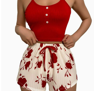 Women's Cartoon Print Knitted Elastic Waist Breathable <b>Thermal</b> Casual Elegant Sleepwear Set Ribbed Strap <b>Top</b> & Shorts - Product Image 1