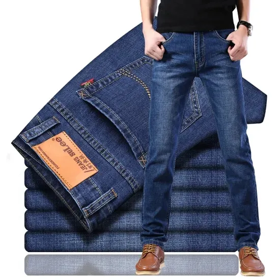 جينز رجالي عصري من مادة قابلة للتمدد باللون الأزرق الغامق جاهزة للبيع