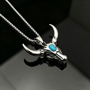 Bull Head Alloy Pendant Turquoise Inlay Men's Necklace Stainless Steel Fashion Sweater Chain Geometric Design Gift Jewelry - Product Image 1