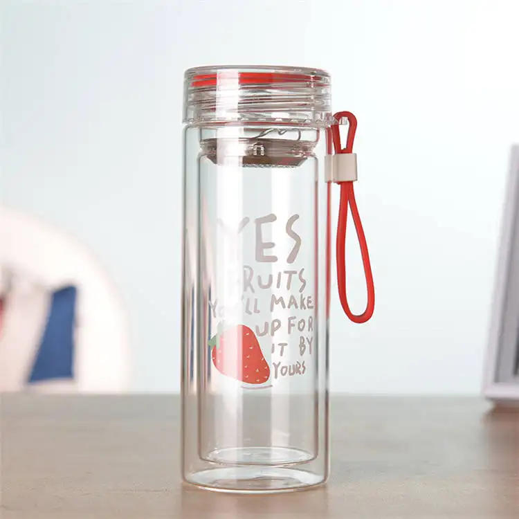 Botella de agua potable de vidrio con Infusor de té de borosilicato transparente con etiqueta privada personalizada al por mayor de 350ml