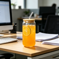 Gobelets réutilisables en verre pour canettes de soda avec couvercle en bambou naturel et paille pour boissons glacées aux fruits, idéaux pour la détente quotidienne à la maison et au café