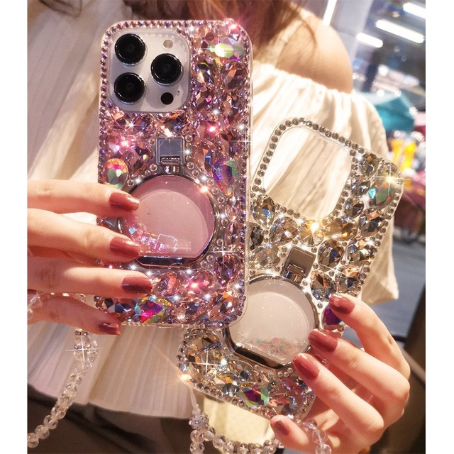 Rhinestone Phone case for Iphone 16 Pro Shockproof Phone Case Shining Diamond Waist Strap Anti Drop Phone Cover Case