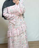 R-869 Abaya élégante en mousseline respirante pour l'été, vêtement islamique à volants, imprimé floral, longueur cheville, manches longues pour femme