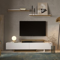 Ensemble de meubles de salon complet et confortable en bois de chêne blanc nordique, style moderne, comprenant une table à manger, une table basse, un buffet et un meuble de rangement.