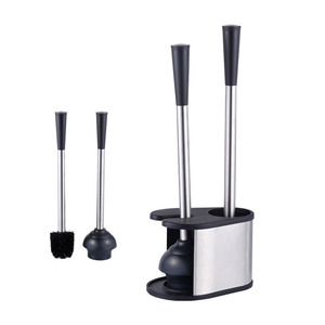 Ensemble brosse WC et ventouse 2-en-1 en acier inoxydable avec support autonome pour salle de bain - Product Image 1