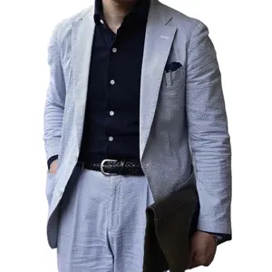 Fashion Casual Krijtstreep Katoen Seersucker Man Suits Tuxedo Prom Suits Bruidegom Wear Mannen Suit Jacket Wedding Blazer