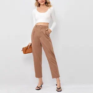 Custom high quality solid fold pleated women's trousers button front side pocket tailored pants high waist trouser for female