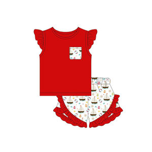 GSSO3429 CUSTOM Conjunto de Ropa para Niña Pequeña con Estampado de Barco Rojo, Venta al por Mayor, Manga Corta - Product Image 1