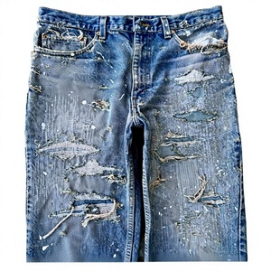กางเกงยีนส์ทรงตรงสีน้ำเงินขาดๆ แบบพ่นสี เอวสูง ทรงหลวม สำหรับผู้ชาย รับผลิตตามสั่ง ขายส่ง OEM ODM - Product Image 5