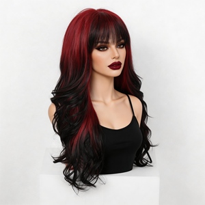 Perruque complète pour femme style européen et américain, <span class=keywords><strong>dégradé</strong></span> bordeaux, franges, fibres haute température, <span class=keywords><strong>cheveux</strong></span> longs ondulés, usage quotidien - Product Image 2