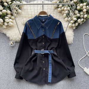 Spring New Casual Style Denim <b>Patchwork</b> Color Splicing Long Sleeve <b>Shirt</b> for Woman Fashion - Product Image 2