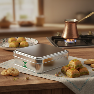 Kontensan Square Metal <b>Cookie</b> Baklava <b>Box</b> 120x120x36 mm 0.50 Lt Slip Lid Turkey - Product Image 3