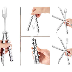 FS-4520 tactique <span class=keywords><strong>Balisong</strong></span> formateur pliant en acier inoxydable 2 pièces papillon fourchette cuillère ensemble pour voyage Camping chasse BBQ cuisine - Product Image 4