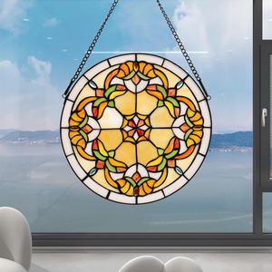 Panneau de fenêtre en verre Tiffany massif de 12 pouces, moderne, abstrait, fait main, plaqué or, écologique, avec crochet à chaîne pour salon - Product Image 1