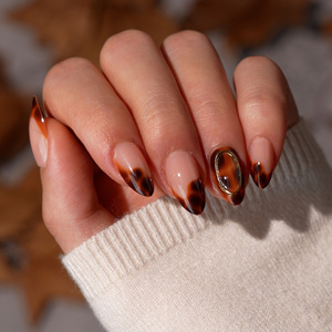 Faux ongles en gel souple 3D de luxe faits à la main, courts, forme amande, avec colle, motif léopard marron, French manucure, à presser, vente en gros - Product Image 1