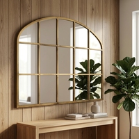 Arched Grid Wall Mirror Gold Metal Frame Window Pane Mirror Vintage Farmhouse Decorative Wall Mirror for Living Room Entryway
