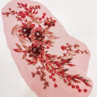 Applique en dentelle rouge noble brodée, fleur 3D avec pierres et paillettes LT2576A