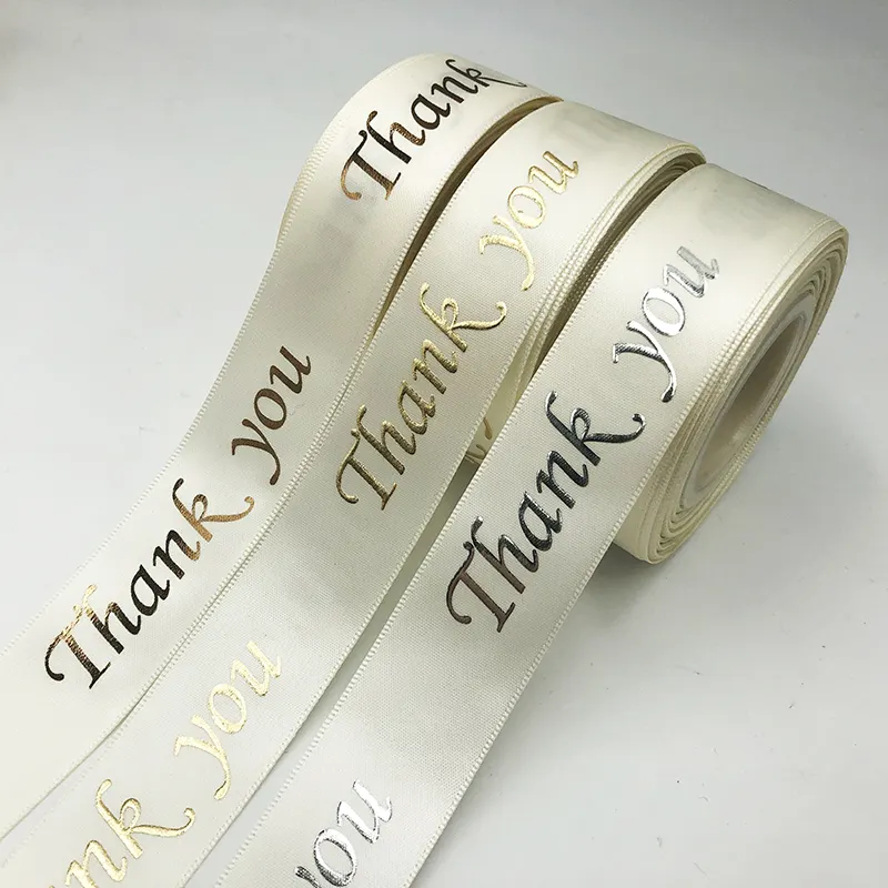 Gordon Ribbons Free Design Customized Packing Ribbon Foil Printed Golden Silvery Gift Package Bow Satin Ribbon Roll With Logo