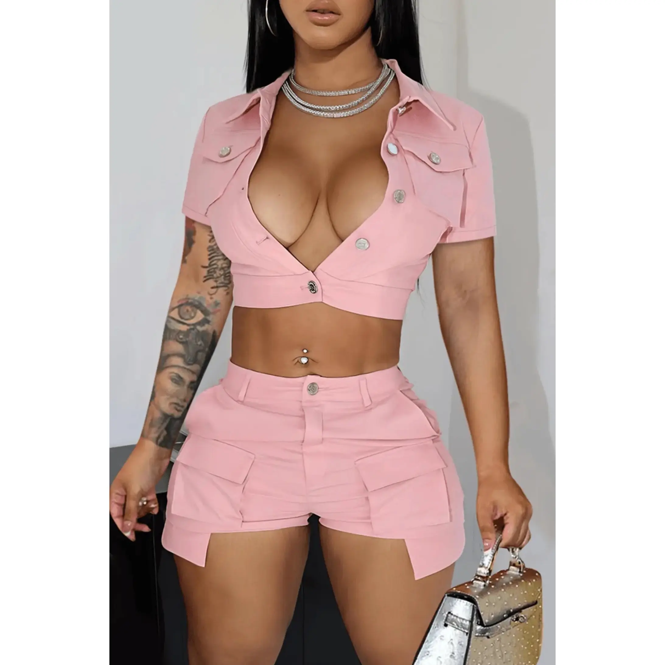 BOBOYU 2023 XS women's sets short sleeve button crop tops women sexy two piece set clothing pink biker shorts casual streetwear