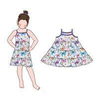 Pabrik Menerima MOQ Rendah Gaun Musim Panas Anak Perempuan Tali Bahu Tipis Bahan Twill Cetak Lucu Desain Ruffle Gaun Panjang