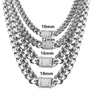 Stainless Steel Steel-Colored Cuban Chain with Micro-Paved <b>White</b> Zircon Buckle- Density Necklace (8-18mm Width) - Product Image 1