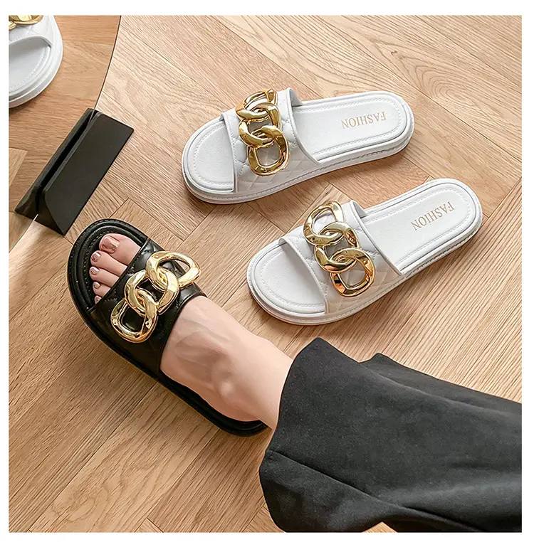 Wholesale Fashion Casual Sandals Open Toe Chain Buckle Checkered Texture Outwear Women's Slippers Roman Style