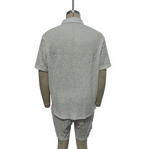 Ensemble chemise et short en coton gaufré pour homme, broderie palmier, tenue décontractée d'été, col rabattu, respirant - Product Image 2