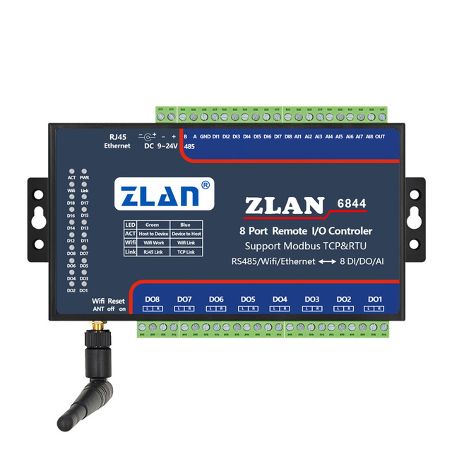 8 Ports DI DO AI MQTT Modbus TCP MQTT Wifi Remote Control IO Controller ZLAN6844