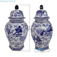 RXEM11-A-L  Jarre hexagonale générale bleue et blanche à motifs floraux et d'oiseaux