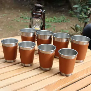 Outdoor Camping Water Cup Leather Sleeve Stainless Steel Coffee Cup Case Beverage Drink Cups Holder Picnic Barbecue Beer Mug Bag