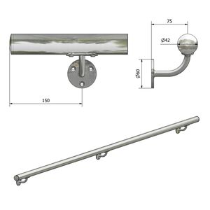 P110204-T1 Wall Handrail 42.4 Ø Inox AISI 304 Satin Finish Type 1 with 3 Supports 2.50 m Length for <b>Stairs</b> - Product Image 2
