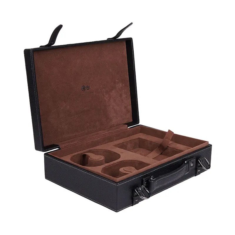 Caja de embalaje de reproductor de música de madera cubierta de cuero Pu personalizada de lujo Caja de embalaje de regalo de PU en forma de maleta para reproductor de música