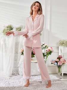 Venta al por mayor Pijamas Mujer Fiesta Fuzzy Detalle <span class=keywords><strong>Pijama</strong></span> Botón Frente Contraste Tubería Pluma Viscosa De Bambú Pijamas - Product Image 5