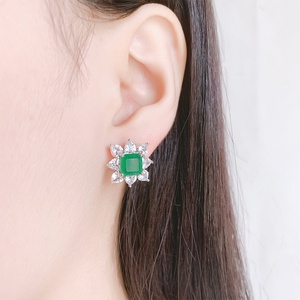 Simple Fashion Jewelry Eco-friendly Copper Silver Plated Princess Square Cut Green Zircon Floral Stud <b>Earrings</b> Women - Product Image 6