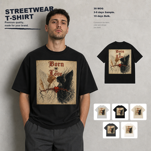 T-shirt da uomo vintage gotico con stampa grafica Angelo Diavolo Born to Love, in cotone pesante, vestibilità oversize e ampia, manica corta, streetwear, stampa neon - Product Image 1