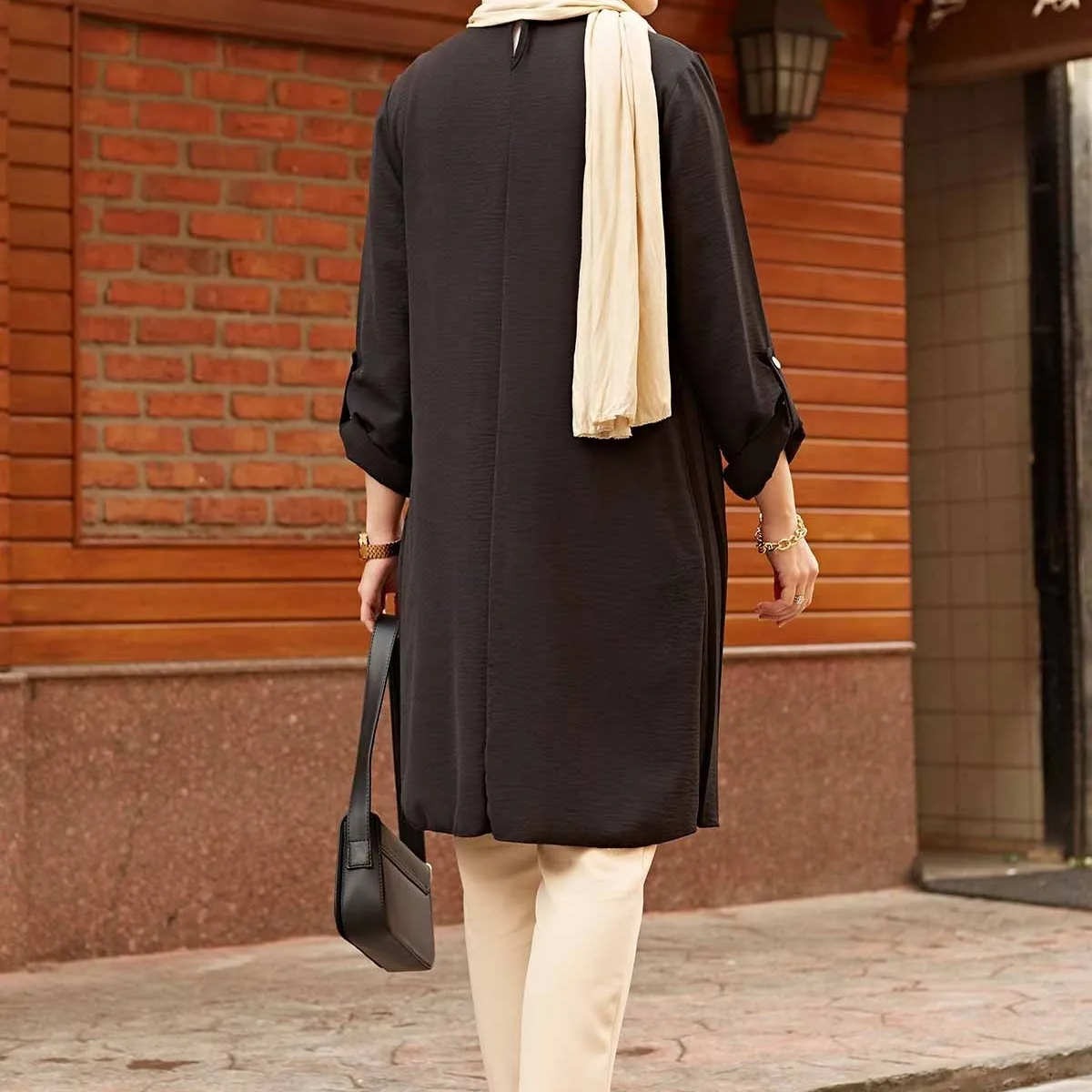 Blusa comprida feminina de chiffon, camisa plissada com manga longa e casual, estilo túnica, sólida, dubai, turquia, abaya, feminina