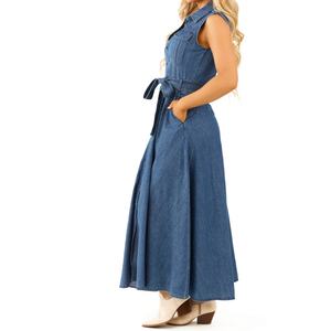 Vestido Maxi Vaquero Sin Mangas de Corte Holgado Más Vendido, Lavado Medio, con Botones y Lazo en la Cintura - Product Image 2