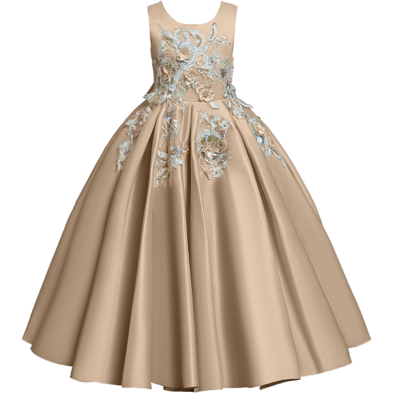 Новинка 2021, детское длинное платье без рукавов, платье для шоу, атласная ткань с вышивкой