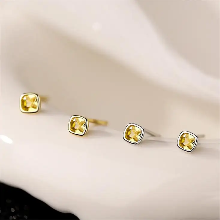 bulk wholesale 925 sterling silver small earrings 18k gold plated zircon diamond yellow square stud earrings for women