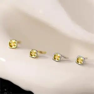 Bulk Groothandel 925 Sterling Zilver Kleine Oorbellen 18K Verguld Zirkoon Diamant Geel Vierkant Oorknopjes Voor Vrouwen