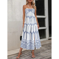 Robe ODM d'été style bohème tendance, imprimée, à col halter, mi-longue, taille haute, respirante, pour vacances à la plage, épaules dénudées