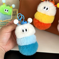Porte-clés peluche chenille, breloque insecte moelleuse avec pompon, mignonne et multicolore, pour sac, avec mousqueton, cadeau