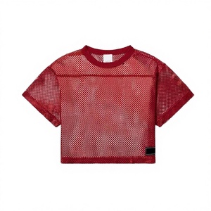 T-shirt court à manches courtes en maille rouge pour homme, col rond, respirant, style streetwear, couleur unie - Product Image 3