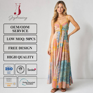 Joydressing Elegante Abito Lungo Multicolore Patchwork Boho con Spalline Sottili e Laccetti Frontali, Vestito Estivo da Spiaggia, Personalizzabile all'Ingrosso - Product Image 1