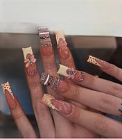 Ongles artificiels longs carrés à couverture complète, motif papillon, fleur rose, breloques chaîne dorée, colle plastique, lot de 10 pièces, tendance
