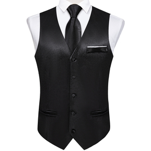 Gilet in Raso <span class=keywords><strong>Nero</strong></span> di Lusso con Cravatta, Pochette e Gemelli da <span class=keywords><strong>Uomo</strong></span> - Elegante per Matrimoni, Moda Casual, Business, Smoking, Tinta Unita - Product Image 1
