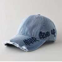 Gorra de Béisbol de Mezclilla Lavada Estilo Vintage, Gorra Desgastada con Bordado 'Never Give Up', 6 Paneles, Estilo Retro Urbano, Cierre a Presión