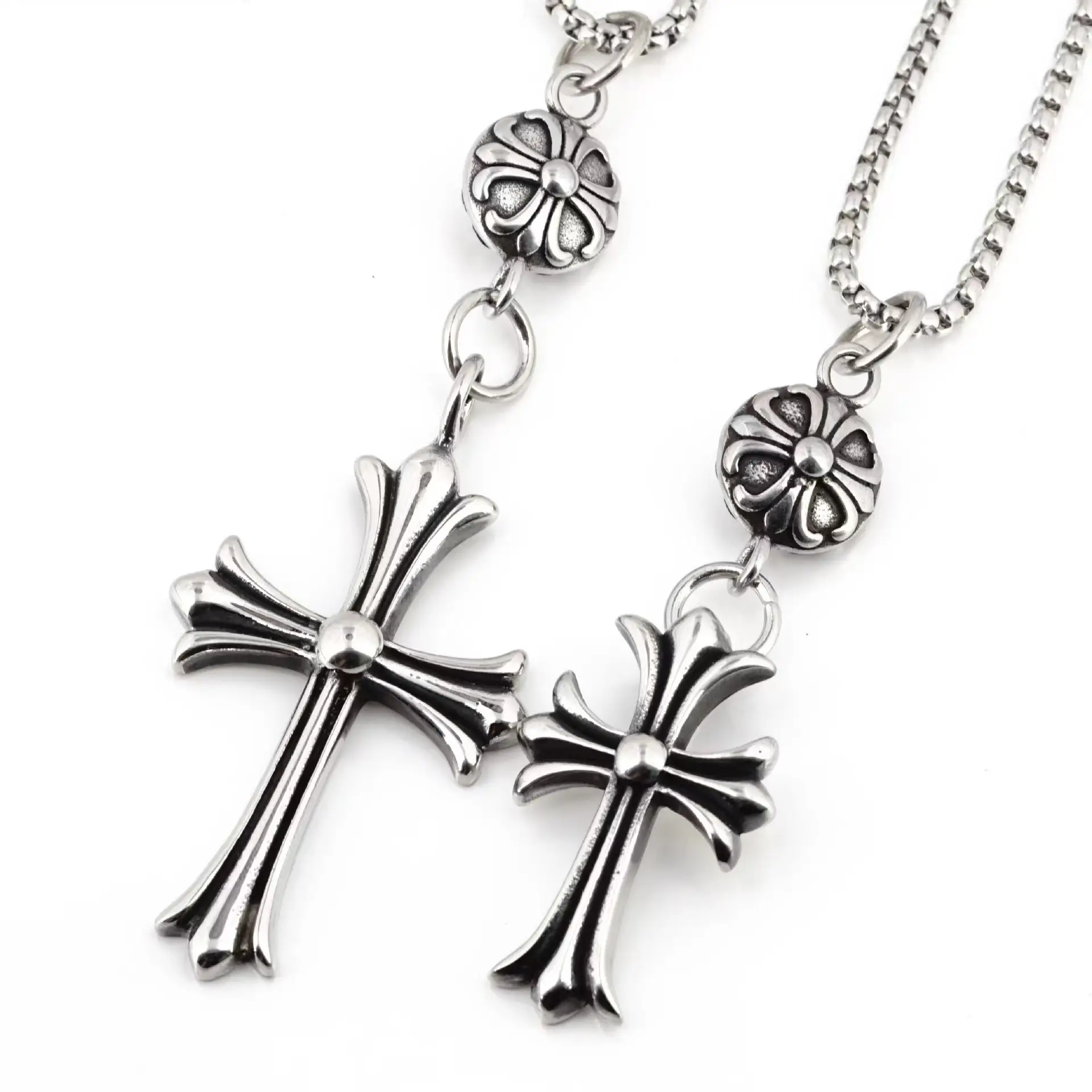 Vintage Punk Retro Cross Pendant Necklace Hearts Stainless Steel Street Trend Hip Hop Old Double Pendant Chrome Jewelry Silver