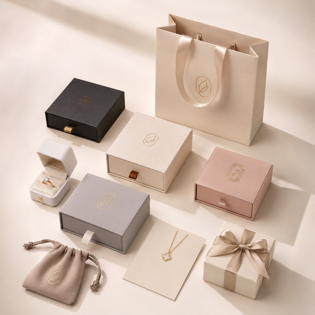 Gold Foil Branded Jewelry Packaging Kit Magnetic Box Suede Pouch Paper Shopping Bag Neutral Nude Pink White Tones